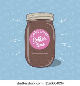 Cold coffee or chocolate milkshake in mason jar with round label. Vector hand drawn illustration.