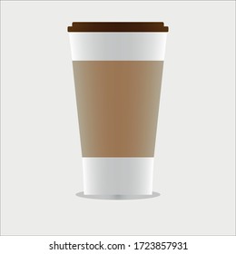 Cold coffee cup, tall shape, light brown paper girded medium, dark brown lid, shiny, under the cup, on a gray background