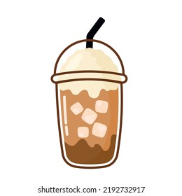 Café frío con cubo de hielo, espuma de crema, azúcar marrón para cappuccino, latte, mocha, macchiato con línea de trazo de contorno imagen gráfica