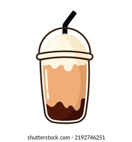 Cold Coffee with Ice Cube, Cream Foam, Brown Sugar for Cappuccino, Latte, Mocha, Macchiato with Outline Stroke Line Graphic Illustration Image