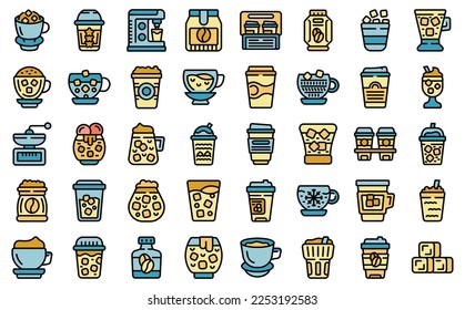 Cold coffee icons set outline vector. Milk americano. Cafe cup color line flat isolated on white