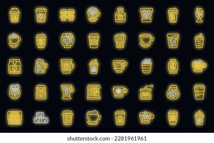 Cold-Kaffee-Symbole setzen Umrissvektor. Milk americano. Teebecher-Neonfarbe auf Schwarz einzeln