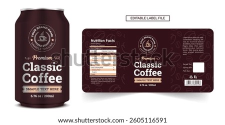 Cold Coffee Label Design, Classic Coffee can drink label packaging design with die line illustration layout, Minimalist Cold Brew Coffee label print ready editable template download