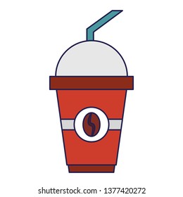 Cold coffee plastic cup with straw isolated blue lines