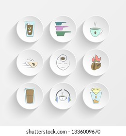 cold coffee, set of sieves for coffee, cup of coffee and high-speed coffee delivery icons on plate illustration set