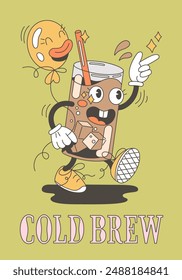 Cold coffee in vintage style. Cute vector illustration of cartoon glass with ice and cola holding balloon. Retro poster on green background. Lettering cold brew