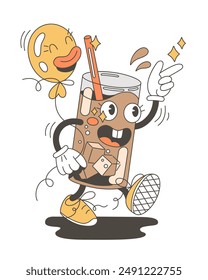 Cold coffee in vintage style. Cute vector illustration of cartoon glass with ice and cola holding balloon. Retro poster.