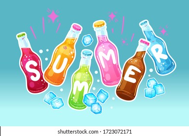 Cold color drinks and ice cube. Vector kids color illustration. Summer inscription