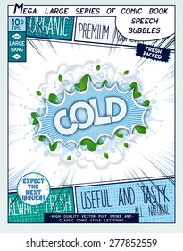 Cold. Colorful explosion with mint leaves, ice, water splashes and clouds of smoke in comic style.
 Realistic pop art speech bubble