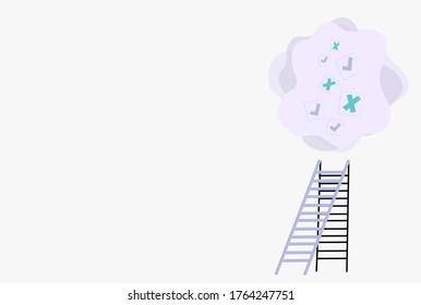 los colores fríos marcan las marcas y las marcas de la nube con la escalera de éxito sobre fondo blanco. ilustración del concepto de negocio y logro