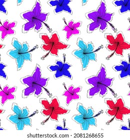 Cold colors hibiscus flowers irregular seamless pattern. Random repeat floral tropical endless texture. Exotic bright boundless background. Summer paradise plants toss repeat surface design