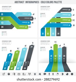 A cold colors set for abstract overlapping infographics banners. 