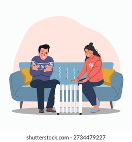 Cold couple warming hands near heater at home, winter heating and low temperature concept. Flat style cartoon vector illustration. 