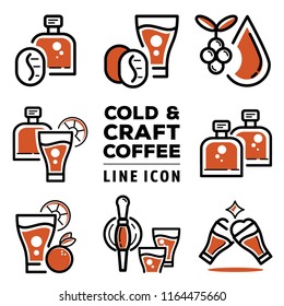 Cold And Craft Coffee Line Icon Design With Coffee Drop,glass Bottles, Coffee Bean,coffee Cherry And Fizzy Nitro Cold Brew Coffee Vector Illustration