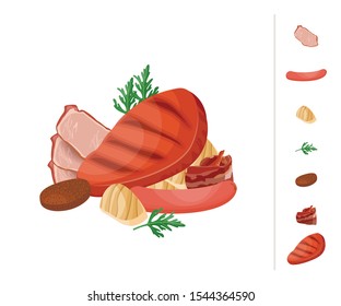 Cold cut. Fresh meat isolated on white background. Set. Vector of red meat.