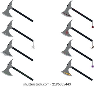 Material de juego de armas de corte en frío, varios estilos colección de hachas ilustración vectorial