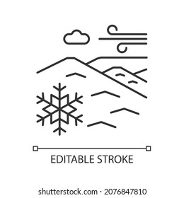 Cold desert linear icon. Polar desert. Snow and ice covered large plain area. Arctic land type. Thin line customizable illustration. Contour symbol. Vector isolated outline drawing. Editable stroke