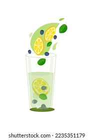 Cold detox water with fruit, berries, mint and ice. Natural lemonade in a glass . A glass with a healthy drink. Drops of refreshing water. Healthy lifestyle, refreshing drink. Vector illustration. 