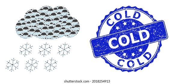 Cold dirty round seal print and vector recursion mosaic snow cloud. Blue stamp contains Cold title inside round shape. Vector mosaic is formed from recursive snow cloud pictograms.