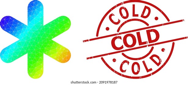 Sello de sello sucio frío y un icono de copo de nieve sencillo de color arcoiris bajo con gradiente. El sello rojo contiene la leyenda COLD dentro del círculo y la plantilla de líneas.