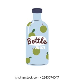 Cold drink, apple juice, fruit summer lemonade. Glass bottle design for organic refreshment. Fresh soda, cocktail, sweet beverage, fruity water. Flat vector illustration isolated on white background
