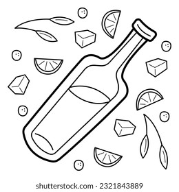 Cold drink bottle surrounded by ice cubes and citrus pieces. Doodle black and white vector illustration.