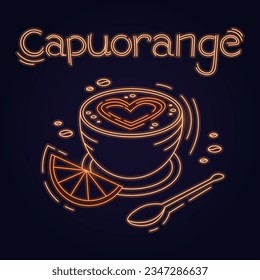 Cold drink capuorange - mix of orange juice and an espresso coffee in neon color isolated on black background.