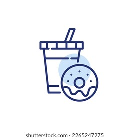Cold drink in disposable cup and frosted doughnut. Pixel perfect, editable stroke icon