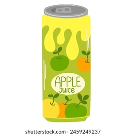 Cold drink, flavored lemonade in can. Fizzy apple beverage, summer fruit soda, cocktail in aluminum tin. Sweet infused water in metal steel jar. Flat vector illustration