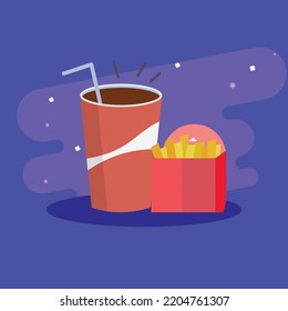Cold drink with French fries vector food flat illustration