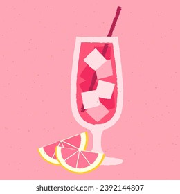 Cold drink with ice cubes and citrus fruits. Hurricane refreshing cocktail in glass on a stem. Alcohol drink with grapefruit. Vector flat illustration with texture. Bright pink beveridge