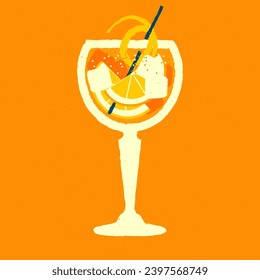 Cold drink with ice cubes and citrus fruits in glass on a stem. Alcohol drink with orange and zest. Vector flat illustration with texture. Bright beveridge with straw