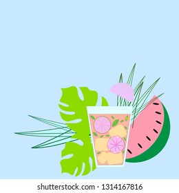 Cold drink. Ice lemonade. Summer background with tropical leaves, watermalen and coctails
