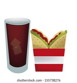 a cold drink with ice and a sandwich with tomato and vegetables