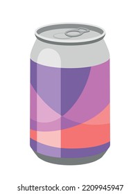 Cold drink icon. Aluminum can with abstract red and violet patterns and shapes. Soda, cocktail and juice. Refreshing sweet liquid, beverage. Poster or banner. Cartoon flat vector illustration