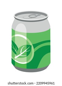 Cold drink icon. Aluminum can with green patterns and leaf logo. Natural and organic product. Refreshing cocktail or juice. Mojito and soda for summer season. Cartoon flat vector illustration