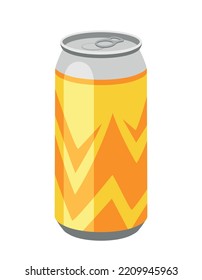 Cold drink icon. Can with geometric orange and yellow patterns and shapes. Minimalistic design, graphic element for website. Vacation symbol in tropical countries. Cartoon flat vector illustration