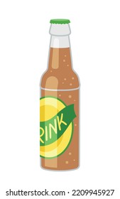 Cold drink icon. Glass bottle with yellow and green label and inscription. Brown liquid with bubbles, soda or cocktail. Refreshing sweet and tasty juice, beverage. Cartoon flat vector illustration