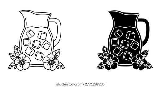 Cold drink jug icons including hibiscus flowers and ice cubes in outline and solid styles ideal for juice bar branding summer party invitations and healthy beverage graphics for cafe menus.