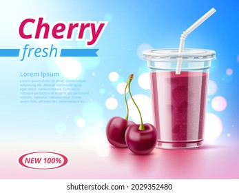 Cold drink poster. Realistic cherry beverage