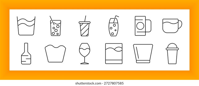 Icono de conjunto de bebidas frías. Vidrio con la paja, burbujas de la soda, taza de papel, cóctel, taza de café, botella, vino, comida para llevar, hielo, espuma, refresco, jugo, envase