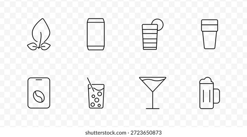 Symbol für Kaltgetränkesatz. Blatt, Dose, Zitrusbecher, Mitnahmebecher, Kaffeepackung, Strohbecher, Cocktail, Bierbecher im skizzierten Stil mit transparentem Hintergrund