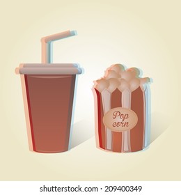 a cold drink with some pop corns on a light yellow background