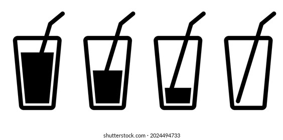 Cold drink or water glass icon vector. Cocktail, soda, lemonade or juice pictogram. Full, half full, empty glass.