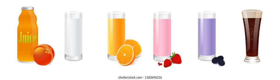 Cold drinks, beverages vector set isolated on white background. Illustration with glass of milk, glass of juices, milkshake for your design menu