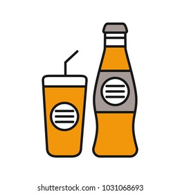 Cold drinks color icon. Bottle and plastic glass with beverage. Isolated vector illustration