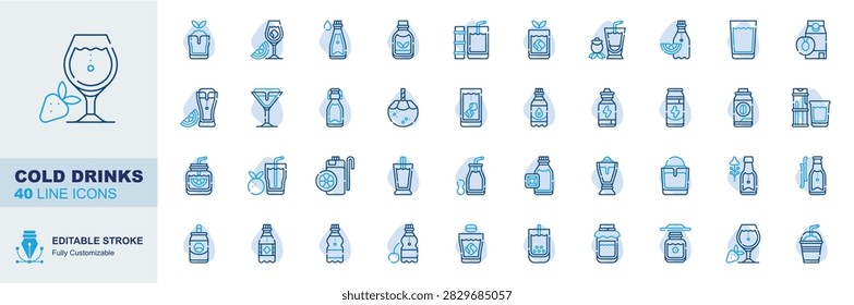 Cold Drinks Editable Stroke Line Icons Set. Cocktail, Juice, Soda, Smoothie Vector Illustration.