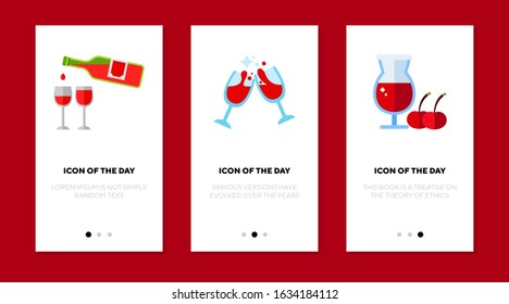 Cold drinks flat icon set. Red liquid, toasting wine, berry juice isolated sign pack. Alcohol, beverage, summer concept. Vector illustration symbol elements for web design