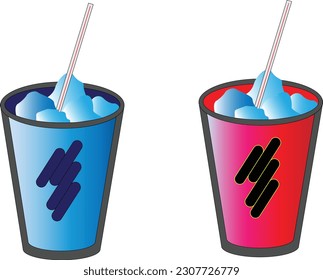 Cold drinks in a glass.Red and Blue glass with drinks in it and ice on top.