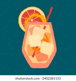 Cold drinks with grapefruit and ice cubes. Tumbler glass for bar. Pink refreshing cocktail. Alcohol beverage design. Vector flat illustration